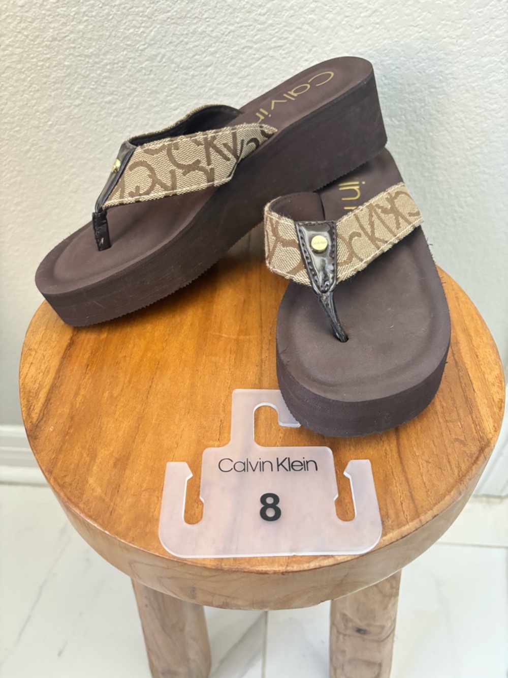 Calvin Klein Brown Logo Canvas Wedge Thong flip flop Sandals platform NWT - Picture 4 of 12
